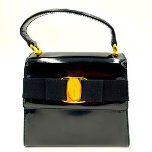 Auth Salvatore Ferragamo Top Handle Black Gancini Leather Mini Vara Bow Bag